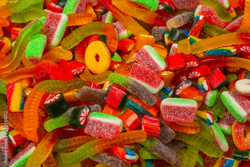 Assorted gummy candies. Top view. Jelly  sweets background.