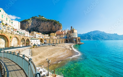 Beach in small town Atrani in province of Salerno, Campania region, Italy. photo