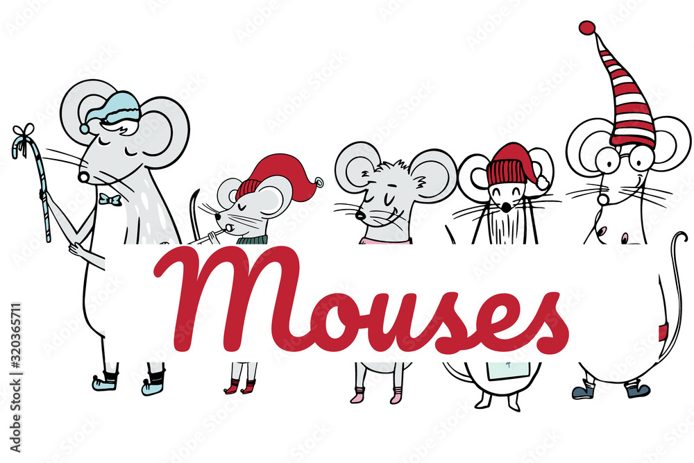  gift card template with cute cartoon mouses. Holiday positive print postcard.