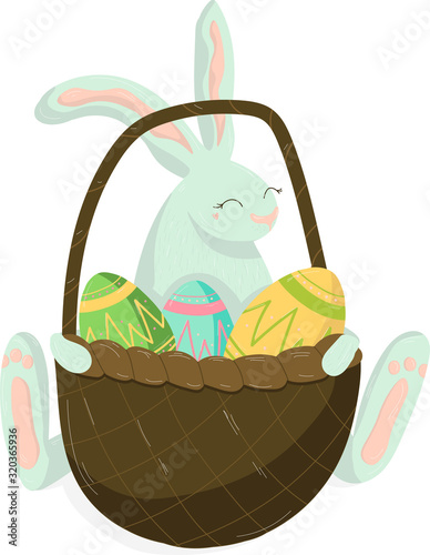 Classic easter decor. Easter rabbit with basket with Easter eggs, decoration for postcard, greeting cardc, print, hand draw. photo