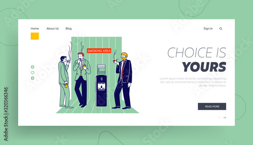 Smoking Addiction and Bad Unhealthy Habit Website Landing Page. Office Employees Stand at Water Cooler Drinking Coffee and Smoke Cigarettes Web Page Banner. Cartoon Flat Vector Illustration, Line Art