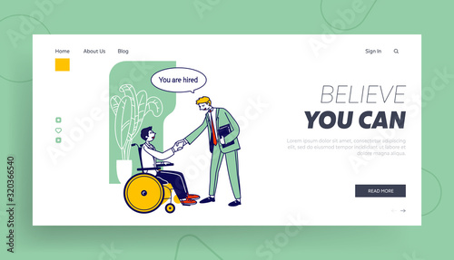 Disability Employment, Work for Disabled People Website Landing Page. Handicapped Man Sit in Wheelchair Shaking Hand with Colleague in Office Web Page Banner. Cartoon Flat Vector Illustration Line Art