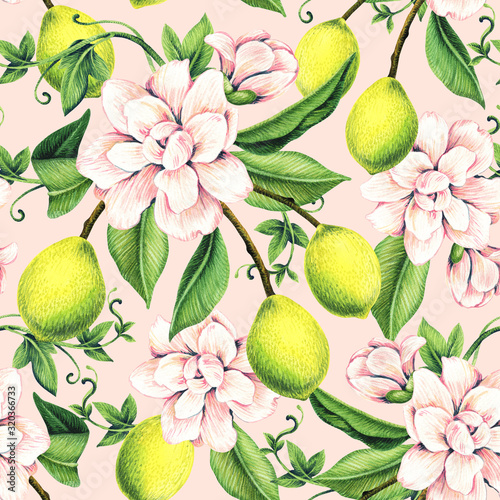 Seamless pattern with flowers and lemons. Watercolor illustration. Design for wallpaper, fabric, wrapping paper.