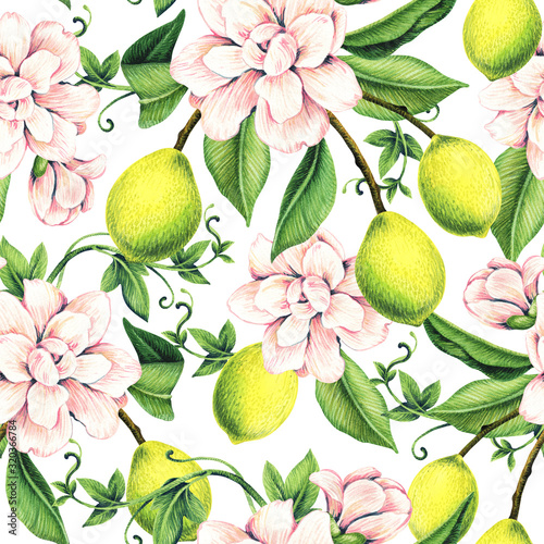 Seamless pattern with flowers and lemons. Watercolor illustration. Design for wallpaper, fabric, wrapping paper.