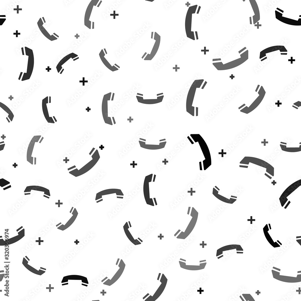 Black Telephone handset icon isolated seamless pattern on white background. Phone sign. Call support center symbol. Communication technology. Vector Illustration