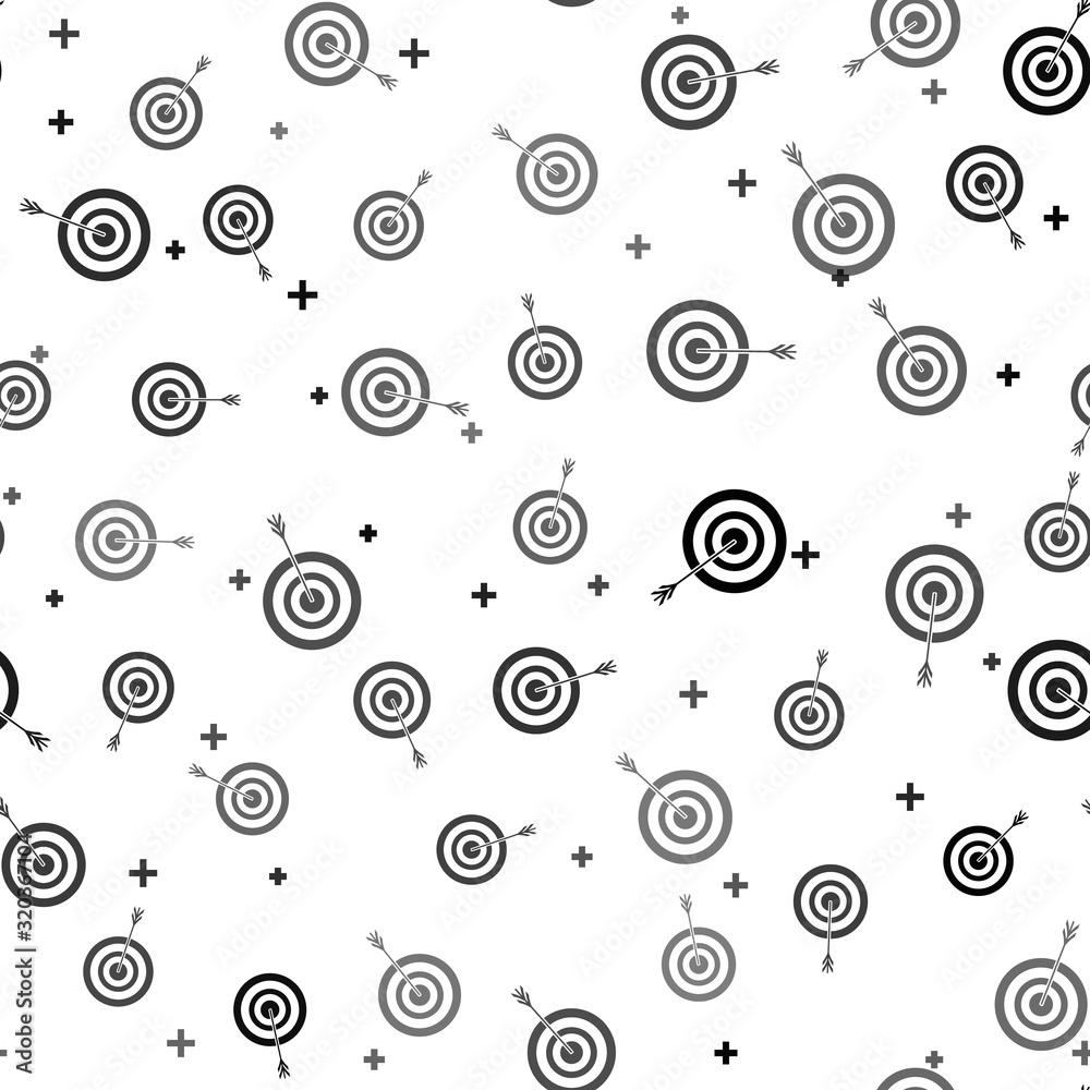 Black Target with arrow icon isolated seamless pattern on white background. Dart board sign. Archery board icon. Dartboard sign. Business goal concept. Vector Illustration