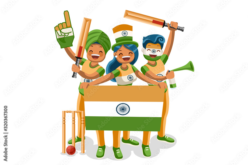 Cricket league, Indian people celebrating India flag. Cricketer player  celebration, batsman cartoon characters. Crowd of persons celebrate victory  of cup. Racket symbol on symbolic vector illustration Stock Vector | Adobe  Stock