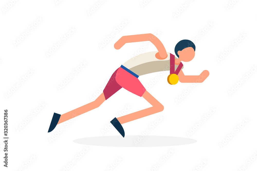 Male person celebrate summer games athletics medal. Sportive people celebrating track and field running team. Runner athlete symbol on victory celebration. Sports cartoon symbolic vector.