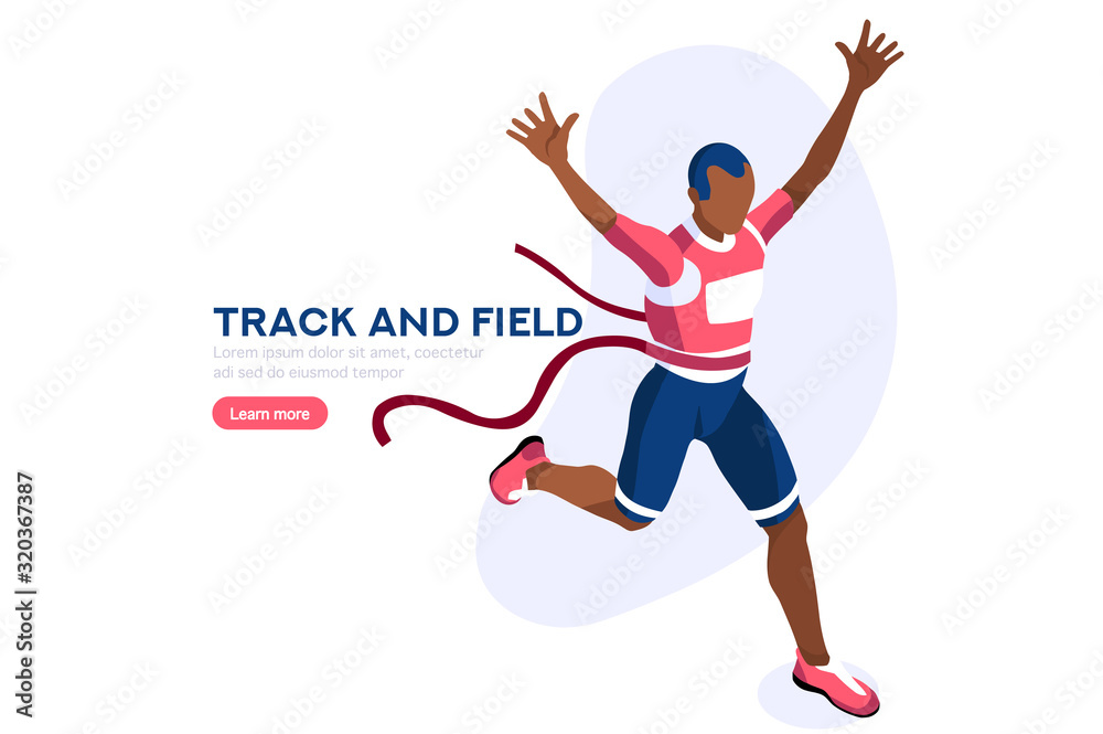 Male person celebrate summer games athletics medal. Sportive people celebrating track and field running team. Runner athlete symbol on victory celebration. Sports cartoon symbolic vector illustration.