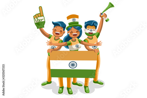 India with a flag. Indian people. Crowd of persons celebrate national day  celebrating a football team. Soccer symbol and victory celebration. Sports cartoon symbolic flat vector illustration