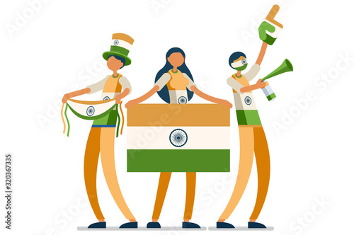 India flag. Indian people. Crowd of persons celebrate national day celebrating a football team. Soccer symbol and victory celebration. Sports cartoon symbolic flat vector illustration