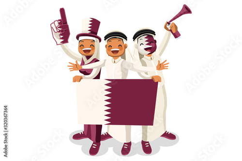 Qatar with a flag. Qatari people. Crowd of persons celebrate national day celebrating a football team. Soccer symbol and victory celebration. Sports cartoon symbolic flat vector illustration