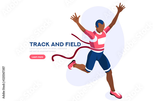 Male person celebrate summer games athletics medal. Sportive people celebrating track and field running team. Runner athlete symbol on victory celebration. Sports cartoon symbolic vector illustration.