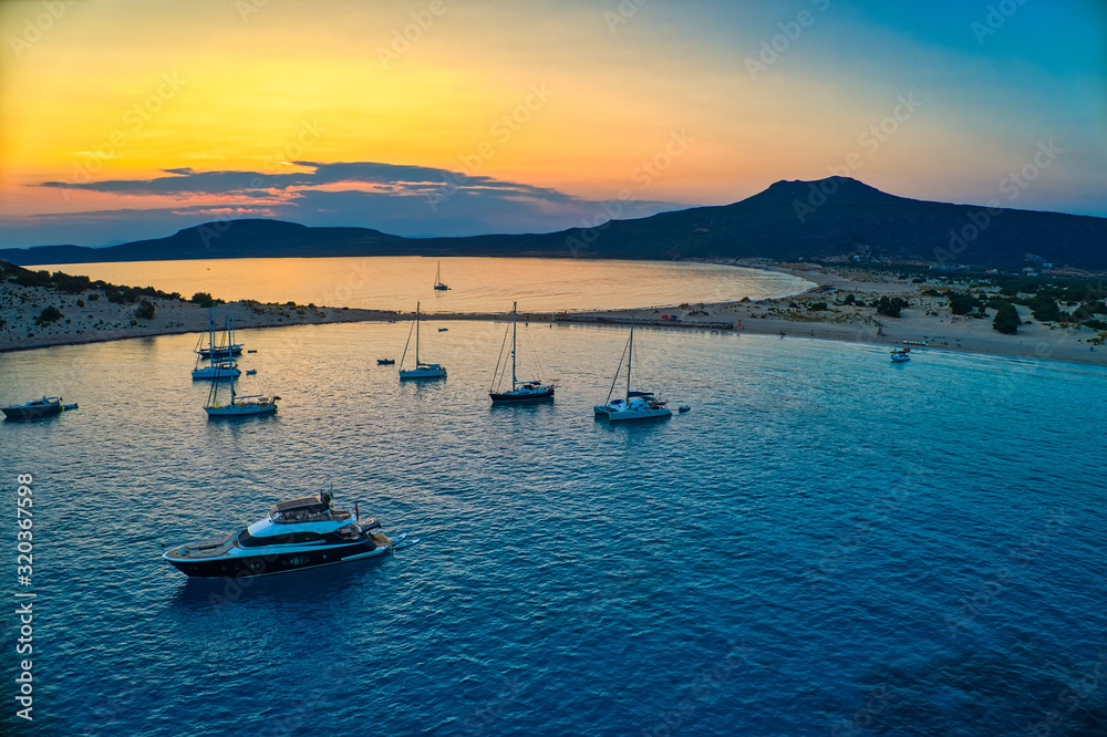 Aerial view of Simos beach at sunset in Elafonisos island in Greece