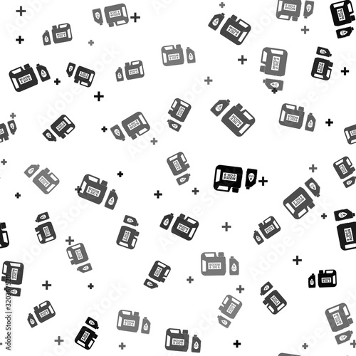 Black Plastic canister for motor machine oil icon isolated seamless pattern on white background. Oil gallon. Oil change service and repair. Engine oil sign. Vector Illustration