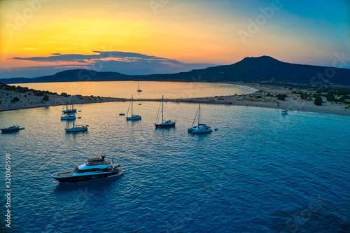 Aerial view of Simos beach at sunset in Elafonisos island in Greece