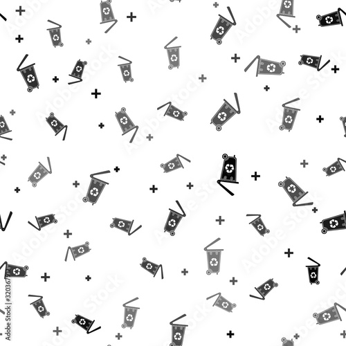 Black Recycle bin with recycle symbol icon isolated seamless pattern on white background. Trash can icon. Garbage bin sign. Recycle basket icon. Vector Illustration