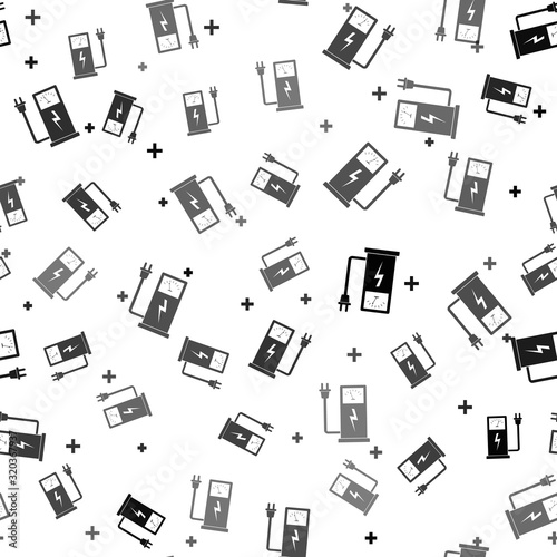 Black Electric car charging station icon isolated seamless pattern on white background. Eco electric fuel pump sign. Vector Illustration