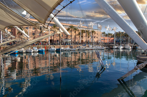 View of the Old Port Genoa at sunset