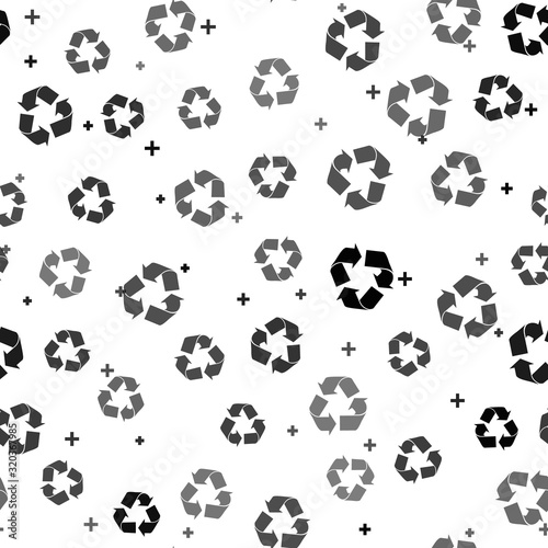 Black Recycle symbol icon isolated seamless pattern on white background. Circular arrow icon. Environment recyclable go green. Vector Illustration