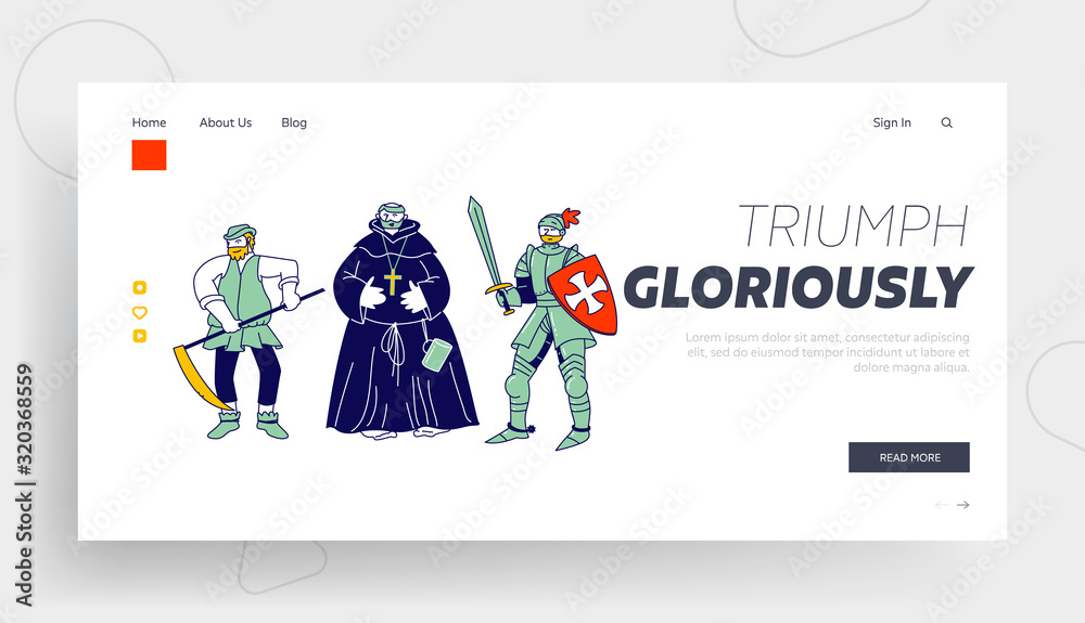 Medieval Characters Website Landing Page. Peasant Fat Monk Knight Wear Armor and Sword Brave Warrior Crusader. Historical Fairy Tale Actors Web Page Banner. Cartoon Flat Vector Illustration, Line Art Medieval Characters Website Landing Page. Peasant Fat Monk Knight Wear Armor and Sword Brave Warrior Crusader. Historical Fairy Tale Actors Web Page Banner. Cartoon Flat Vector Illustration, Line Art