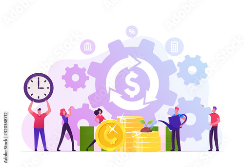 Debt or Mortgage Refinance Concept. Tiny People around Dollar Sign in Loop Arrow Growing Plant on Golden Coins and Moving Huge Cogwheels Saving Budget Money and Time Cartoon Flat Vector Illustration
