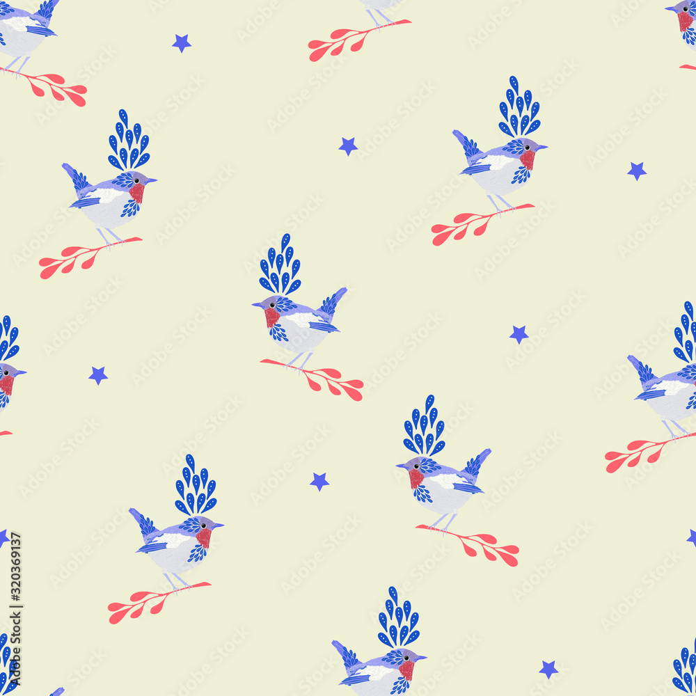 Seamless Vector Pattern with nice robin birds, stars and branches for decoration, print, textile, fabric