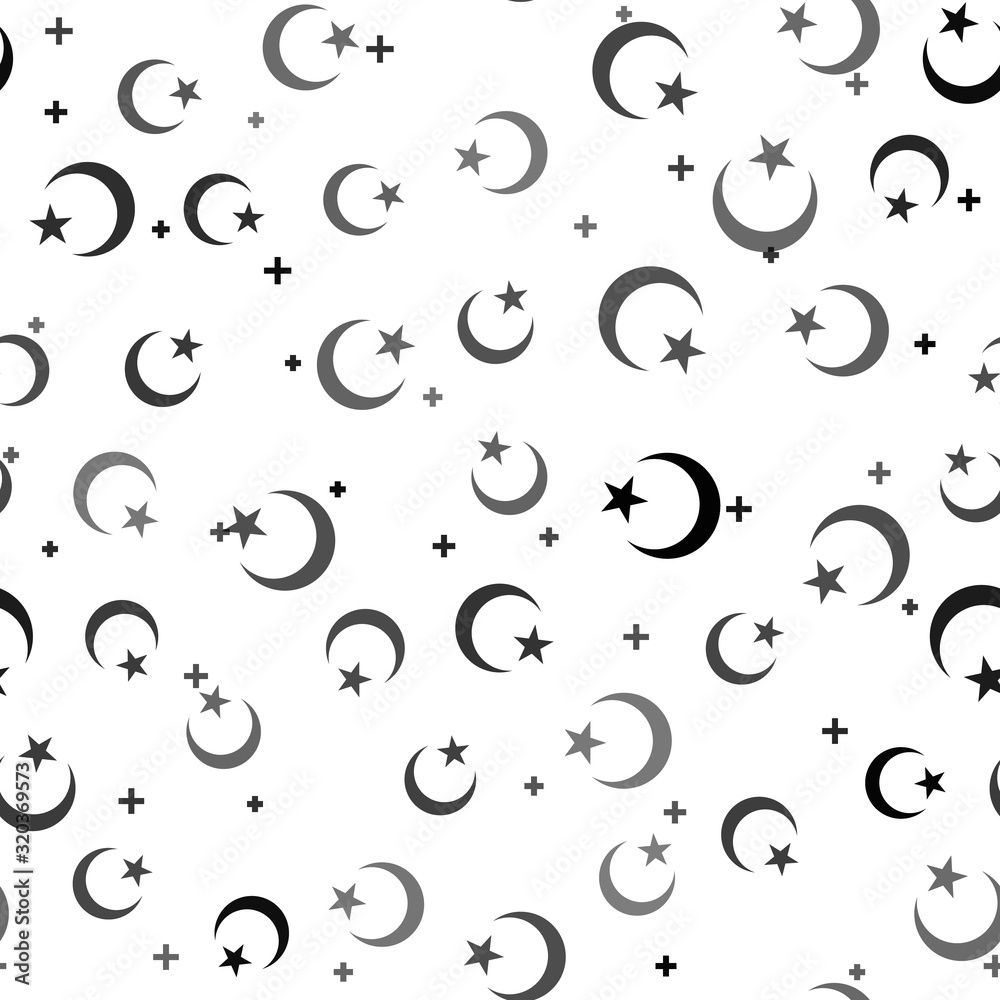 Black Star and crescent - symbol of Islam icon isolated seamless pattern on white background. Religion symbol. Vector Illustration Black Star and crescent - symbol of Islam icon isolated seamless pattern on white background. Religion symbol. Vector Illustration