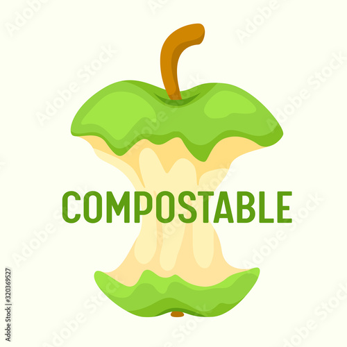 Compostable Waste Concept. Organic Trash, Food Compost Logo with Apple Stump Isolated on White Background. Ecological Fertilizer Ad Poster Banner Flyer Brochure. Cartoon Flat Vector Illustration