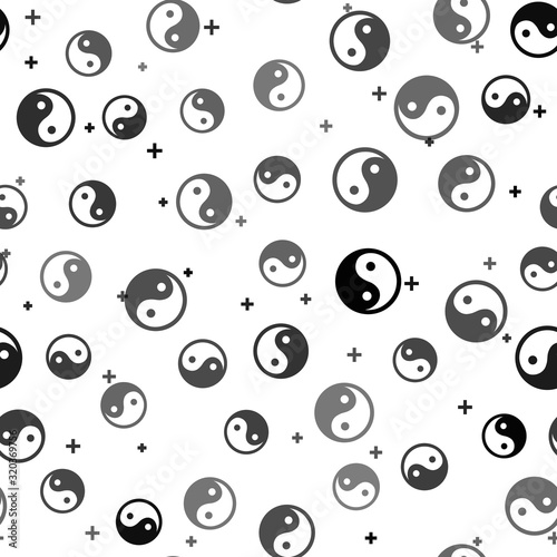 Black Yin Yang symbol of harmony and balance icon isolated seamless pattern on white background. Vector Illustration