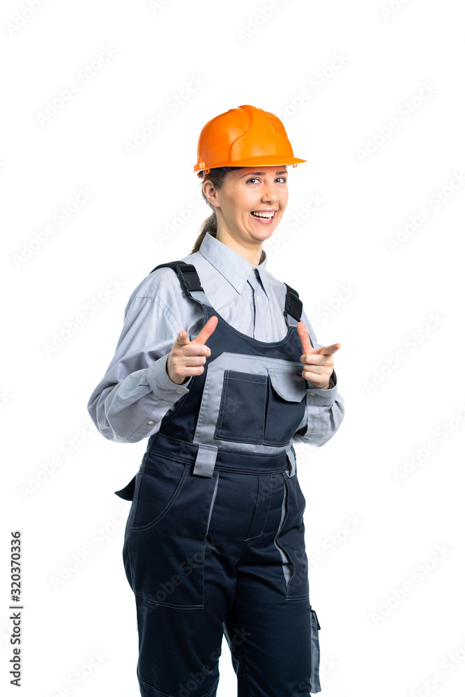 Woman builder engineer shows fingers at you. Woman builder engineer shows fingers at you.