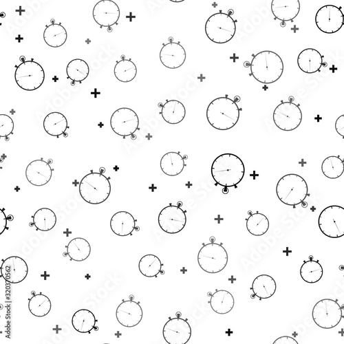 Black Stopwatch icon isolated seamless pattern on white background. Time timer sign. Vector Illustration