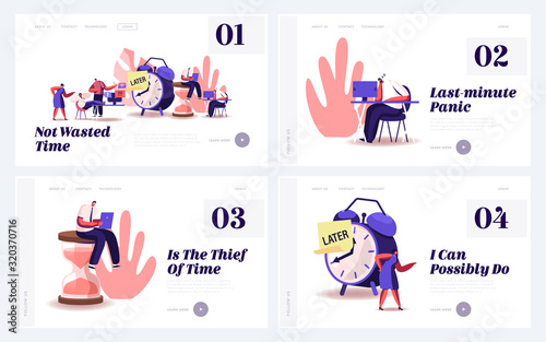 Procrastination, Postponing Work Website Landing Page Set. Lazy Businesspeople Spend Unprofitable Time in Office, Working Deadline Urgency, Postpone Web Page Banner. Cartoon Flat Vector Illustration