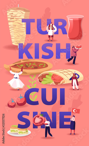 Turkish Cuisine Concept. Tiny Male and Female Characters Tourists and Native Dwellers Eating and Cooking Traditional Turkey Meal Shawarma Poster Banner Flyer Brochure. Cartoon Flat Vector Illustration