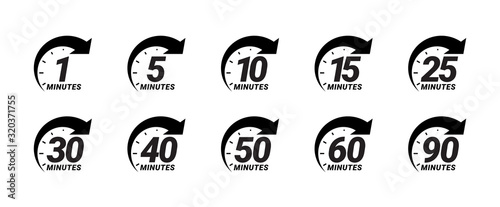 Minute timer icons set. one minute, five, ten, fifteen or more minutes. The arrow shows the limited cooking time or deadline. Vector illustration photo