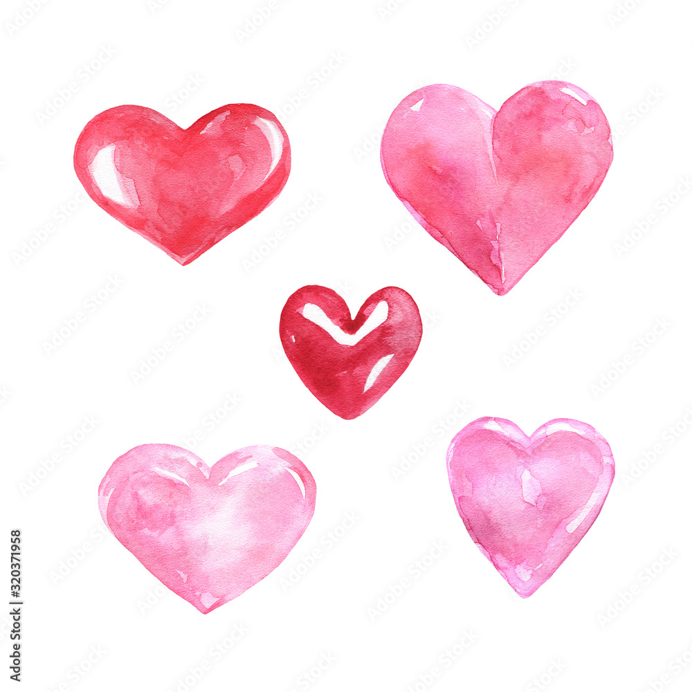 Watercolor hearts set. Hand painted pink and red hearts illustration, isolated on white background. For Valentines day cards.