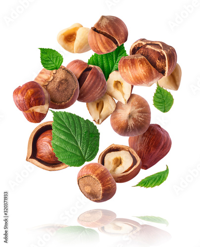 Hazelnuts crushed into pieces, frozen in the air.