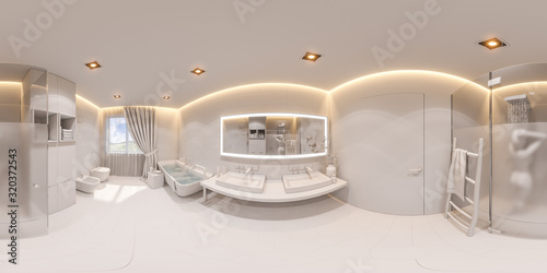 3d render spherical 360 degrees, seamless panorama of a bathroom in a private house. Interior design in white