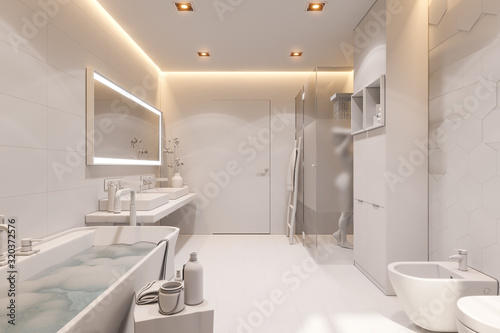 3d illustration of a bathroom in a private house. Interior design in white without textures