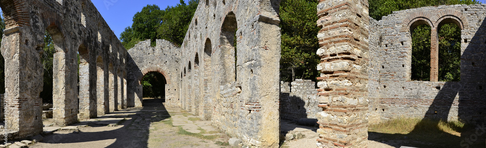 Panoramic view of remains of the Grand Basilica, Buthrotum(Butrint), Albania.