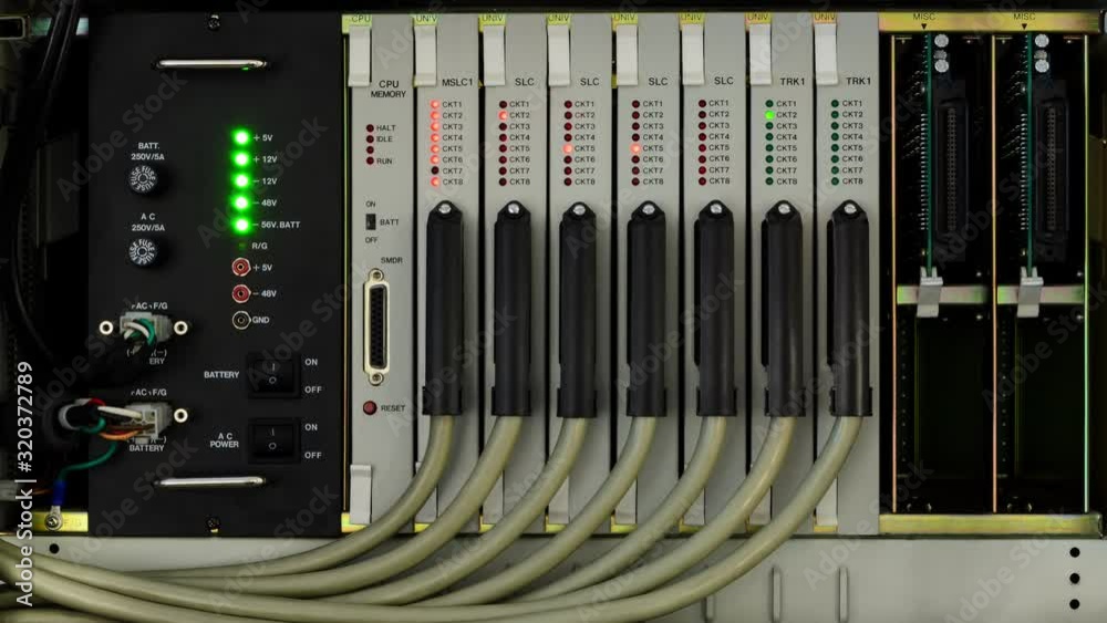 Old fashioned phone switch system without front door in work with blinking lights. Loop Old fashioned phone switch system without front door in work with blinking lights. Loop