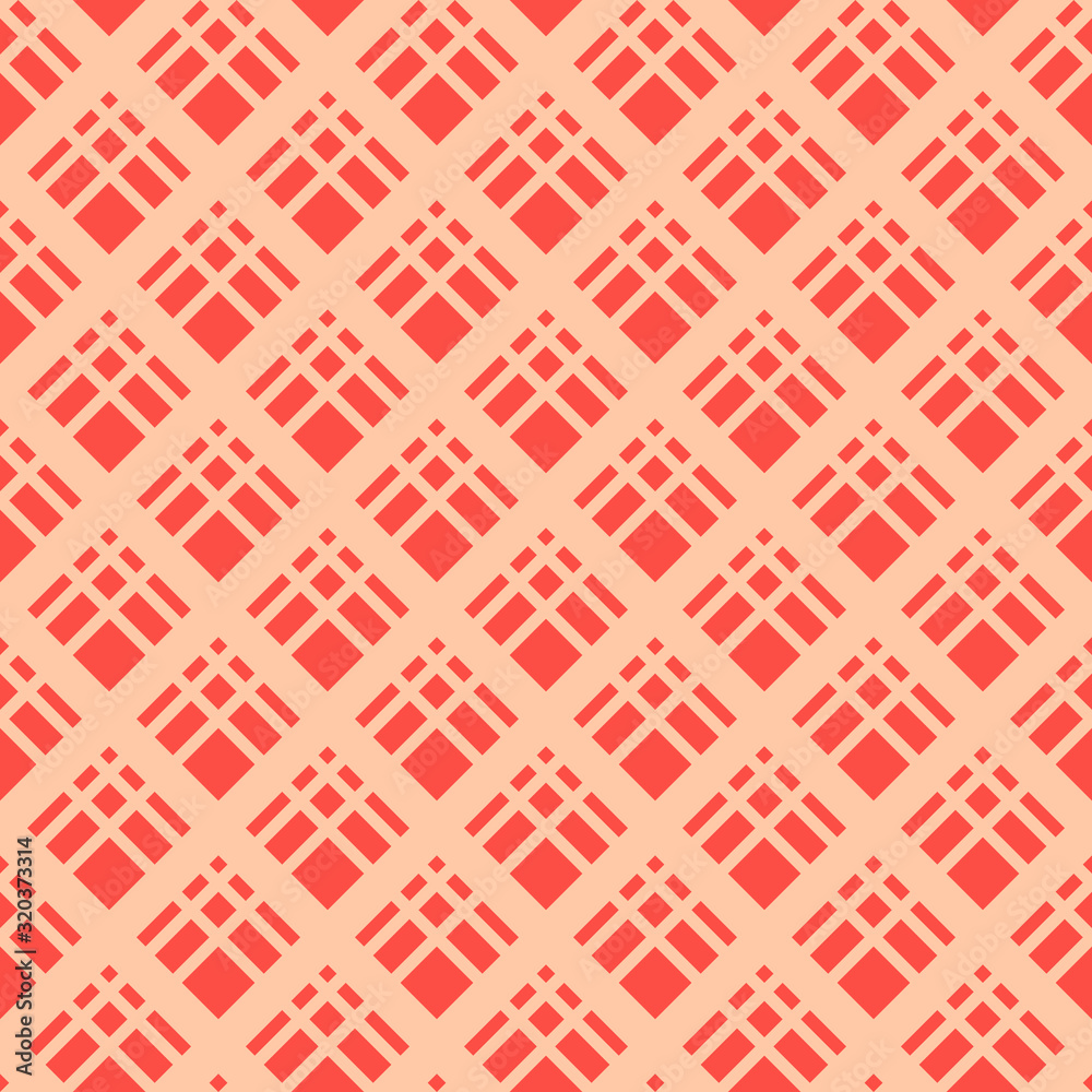 Square grid vector seamless pattern. Abstract colorful geometric texture with diagonal cross lines, rhombuses, diamonds, lattice, grill. Simple red and orange checkered background. Repeating design
