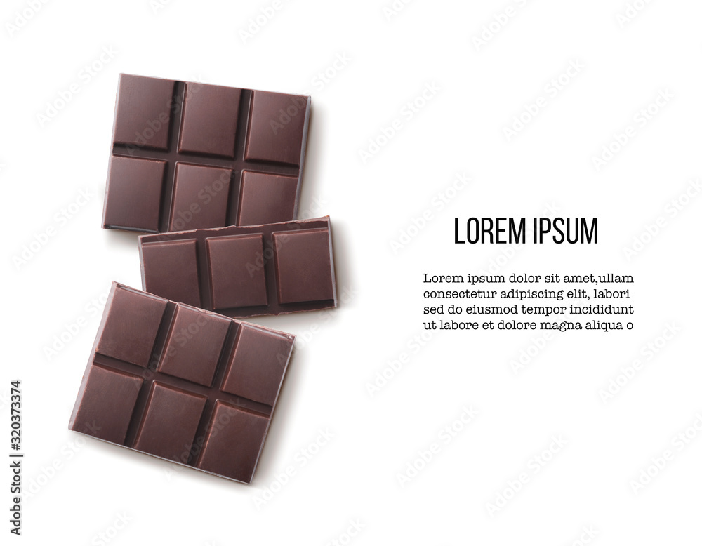 Dark chocolate isolated on white background. Design mockup with space for text. High resolution image Dark chocolate isolated on white background. Design mockup with space for text. High resolution image