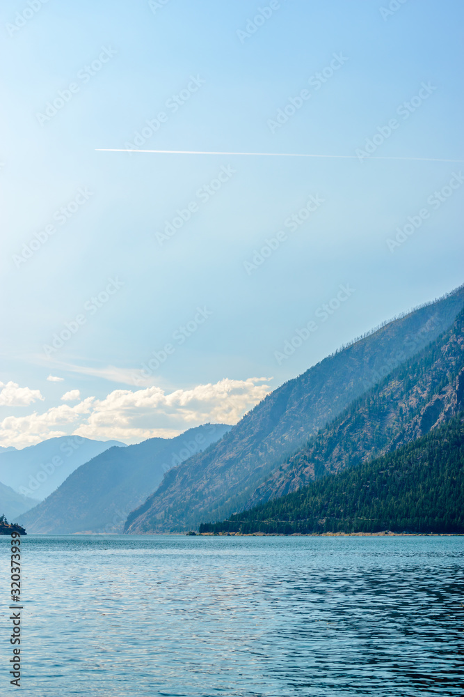 Mountain landscape with blue Seton Lake in Coastal Mountains. Lillooet, British Columbia, Canada.