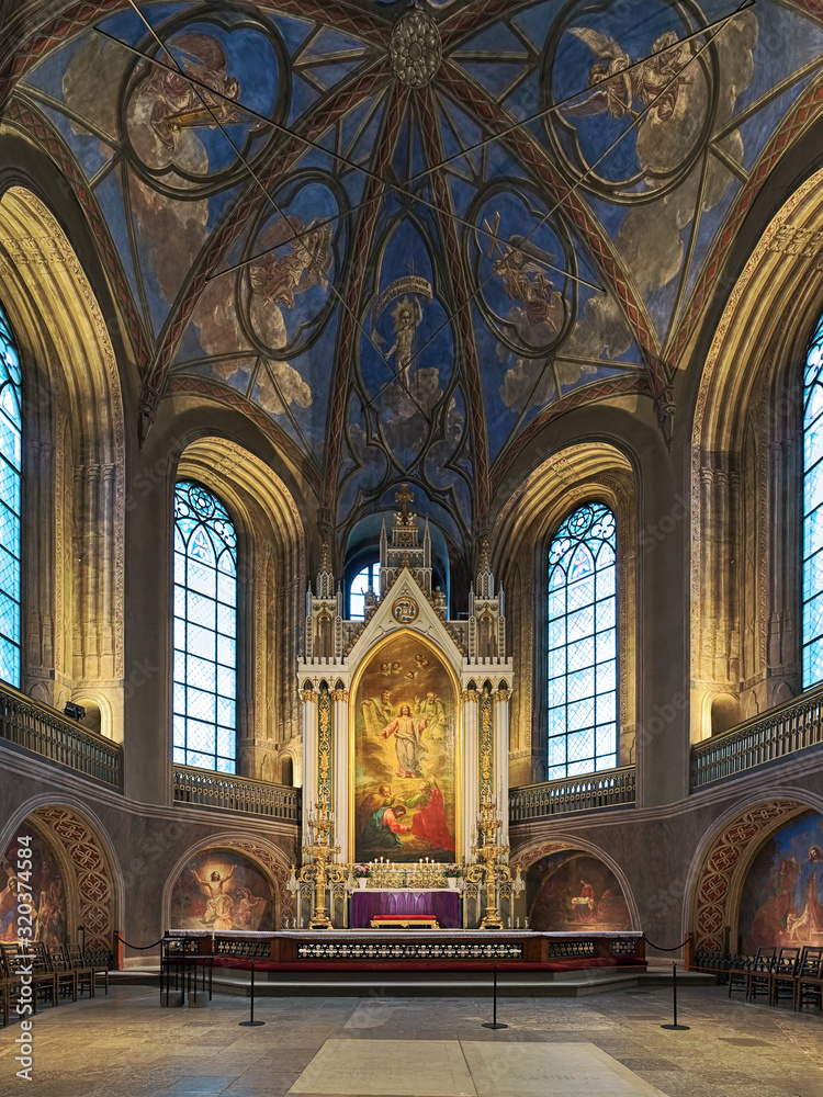 Apse and altar of Turku Cathedral, Finland. The altarpiece was painted in 1836 by Swedish artist Fredrik Westin. The wall frescoes were created by court painter Robert Wilhelm Ekman in 1850-1854.