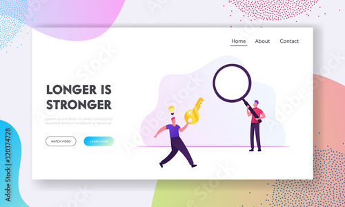 User Remember Lost Account Password, Task Solution Website Landing Page. Happy Men with Huge Key, Glowing Light Bulb above Head and Magnifying Glass Web Page Banner. Cartoon Flat Vector Illustration