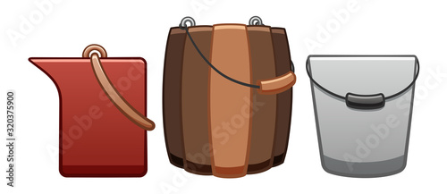 Buckets set for cleaning, bathhouse and gardening on white backgound