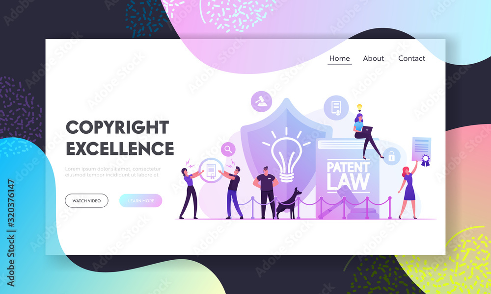 Patent Law Website Landing Page. Safeguard with Dog and People Protecting Rights for Authorship and Creation of Different Mental Invention Products Web Page Banner. Cartoon Flat Vector Illustration Patent Law Website Landing Page. Safeguard with Dog and People Protecting Rights for Authorship and Creation of Different Mental Invention Products Web Page Banner. Cartoon Flat Vector Illustration