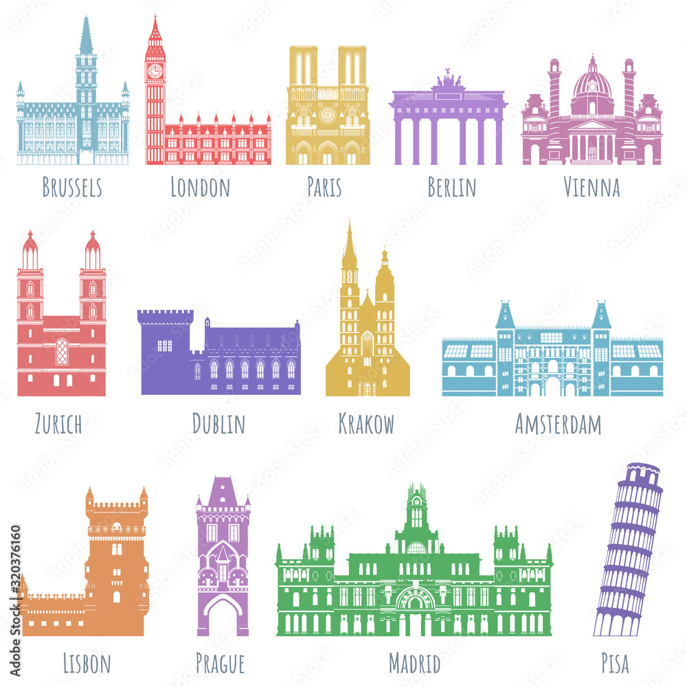 europe landmarks icon set with signatures, vector illustration