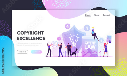 Patent Law Website Landing Page. Safeguard with Dog and People Protecting Rights for Authorship and Creation of Different Mental Invention Products Web Page Banner. Cartoon Flat Vector Illustration